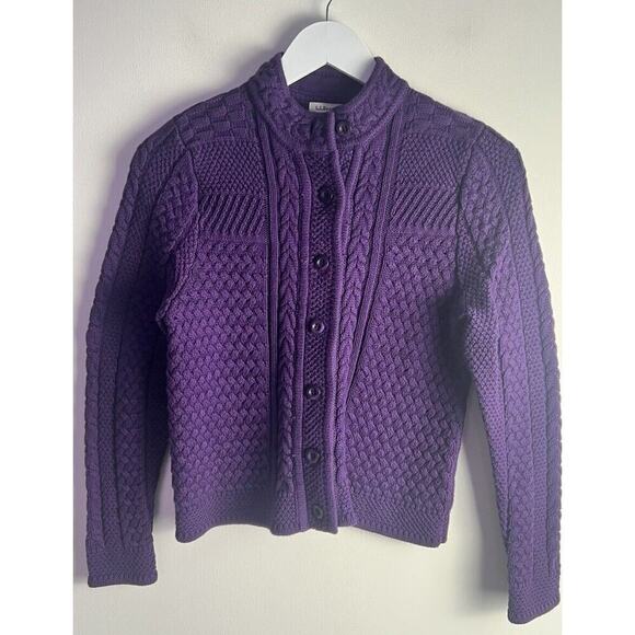 LL Bean Cotton Cable Knit Cardigan Button Up Sweater Jacket Purple Petite Sz XS - Picture 1 of 7
